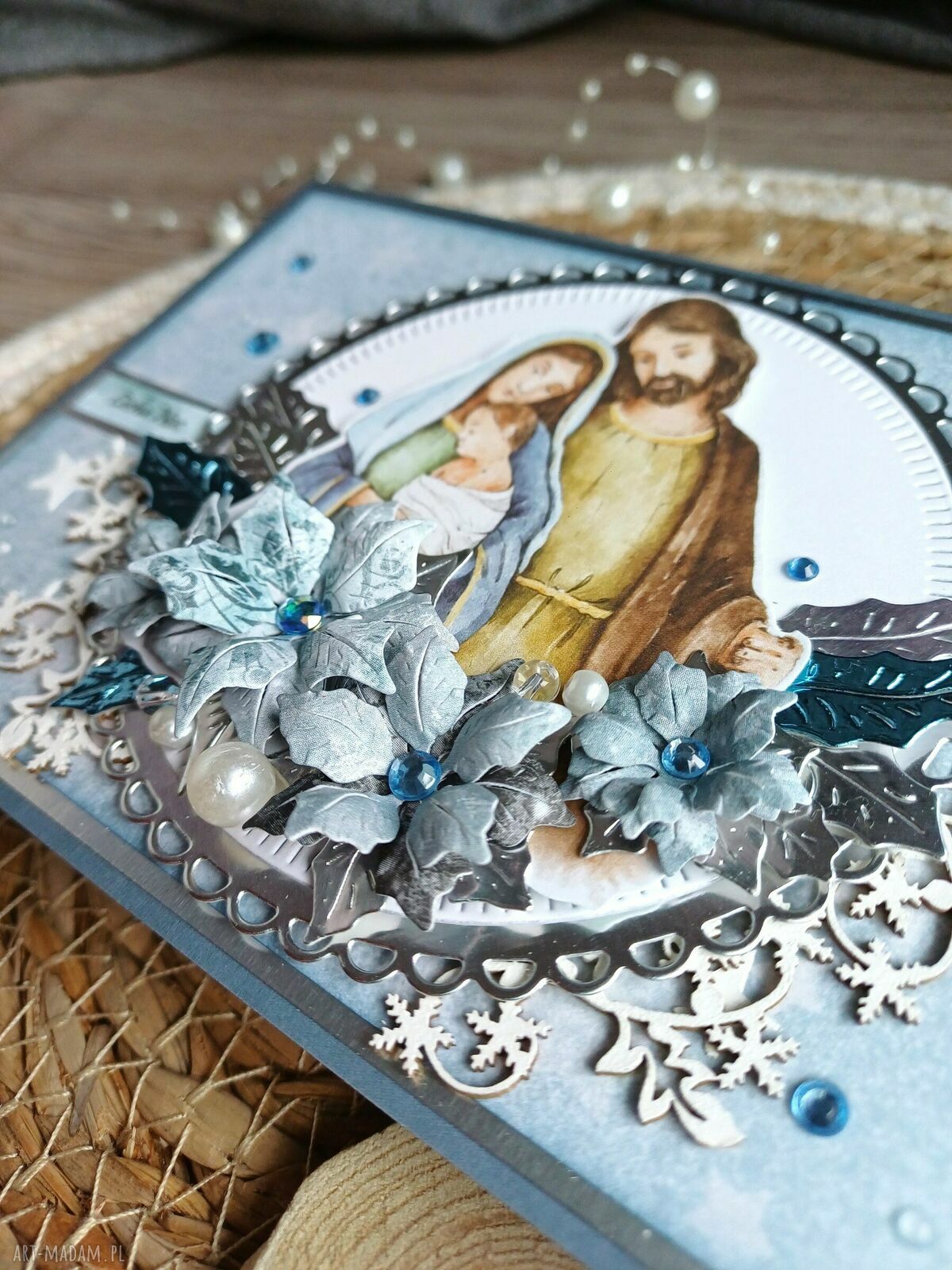 Kartka na Boże Narodzenie - Święta Rodzina, niebieska kartka w pudełku C6