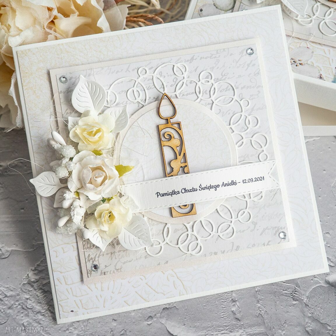 Kartka na Chrzest lub Narodziny - w pudełku Biała Konwalia (scrapbooking)