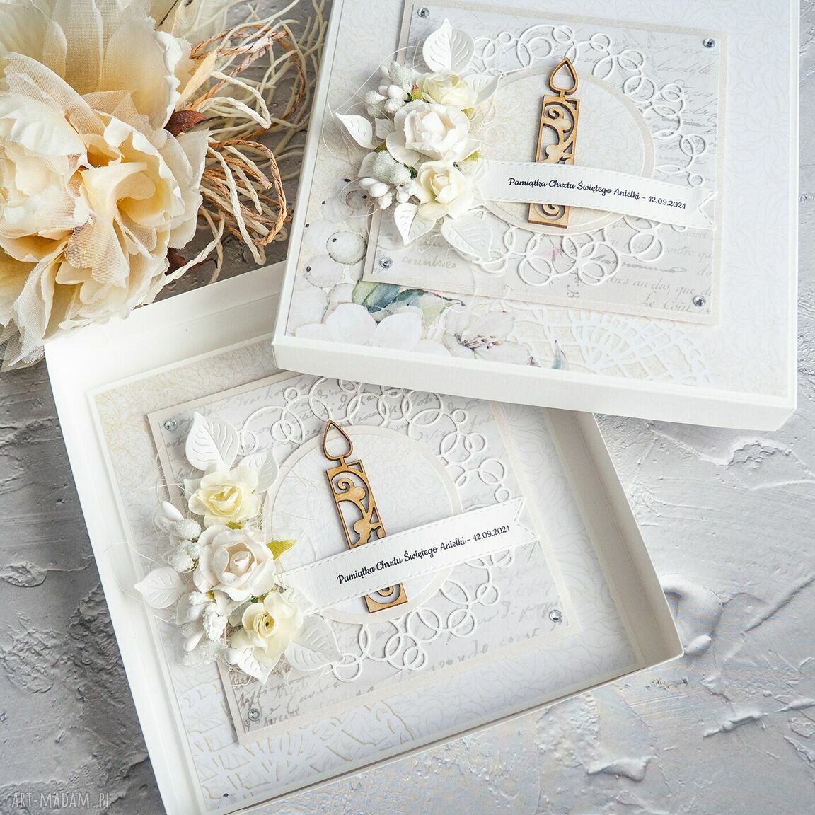 Kartka na Chrzest lub Narodziny - w pudełku Biała Konwalia (scrapbooking)