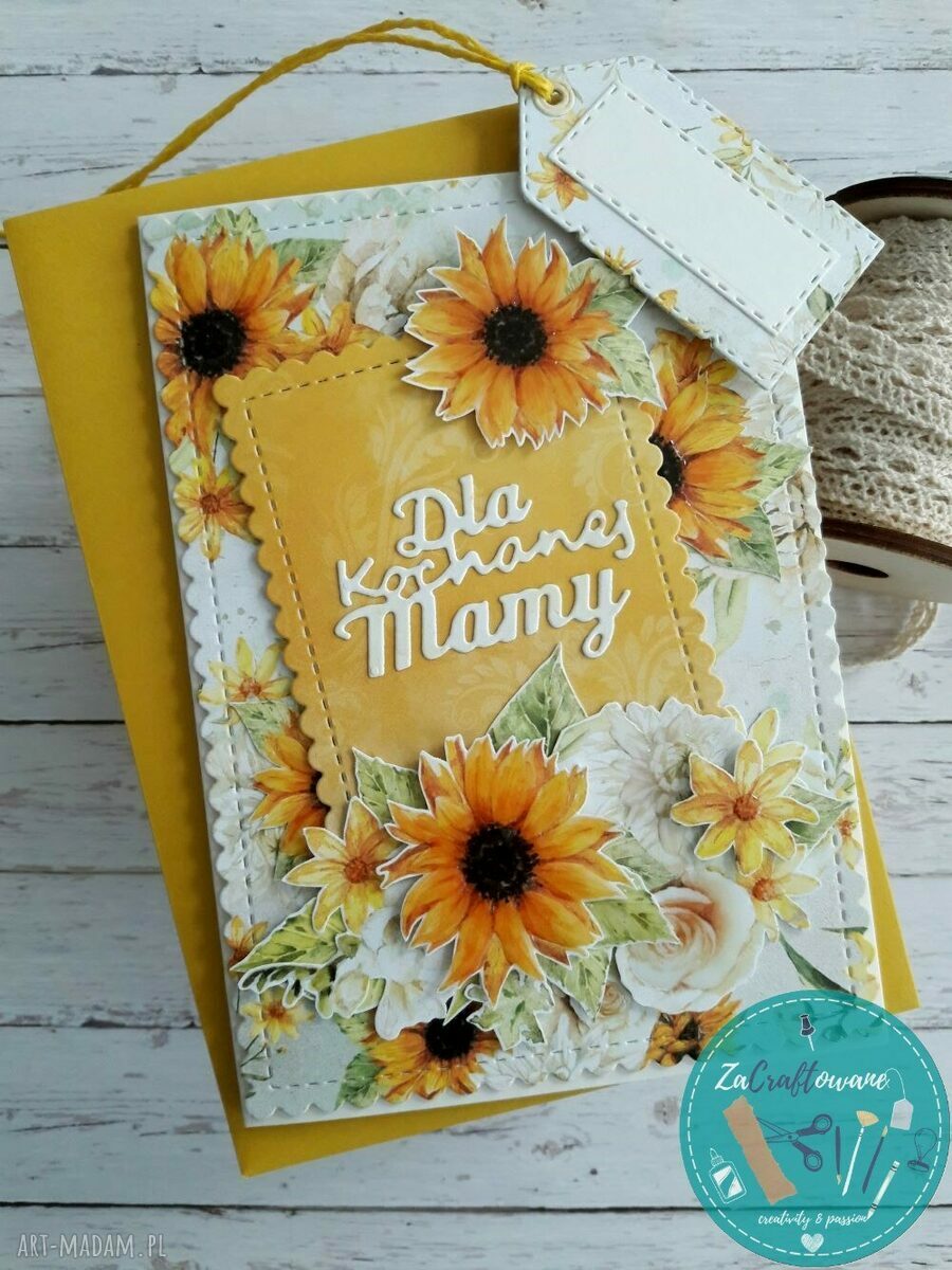 Kartka na Dzień Mamy ze Słonecznikami - ręcznie robiona scrapbooking z efektem 3D