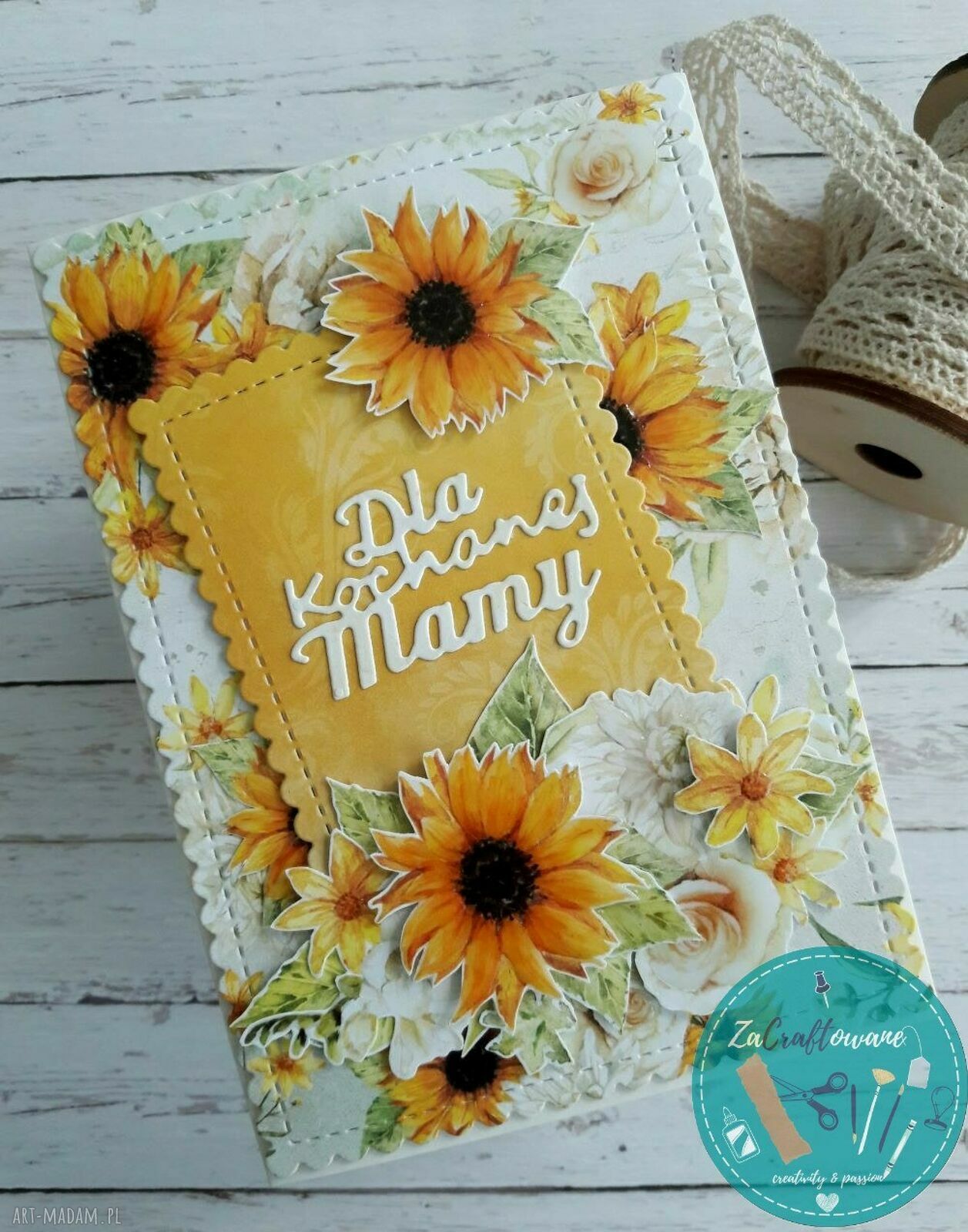 Kartka na Dzień Mamy ze Słonecznikami - ręcznie robiona scrapbooking z efektem 3D