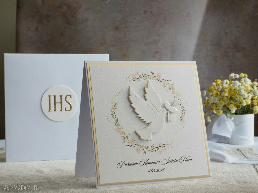 Kartka na komunię z ozdobną kopertą, wzór 94 - personalizowana Linia Gold