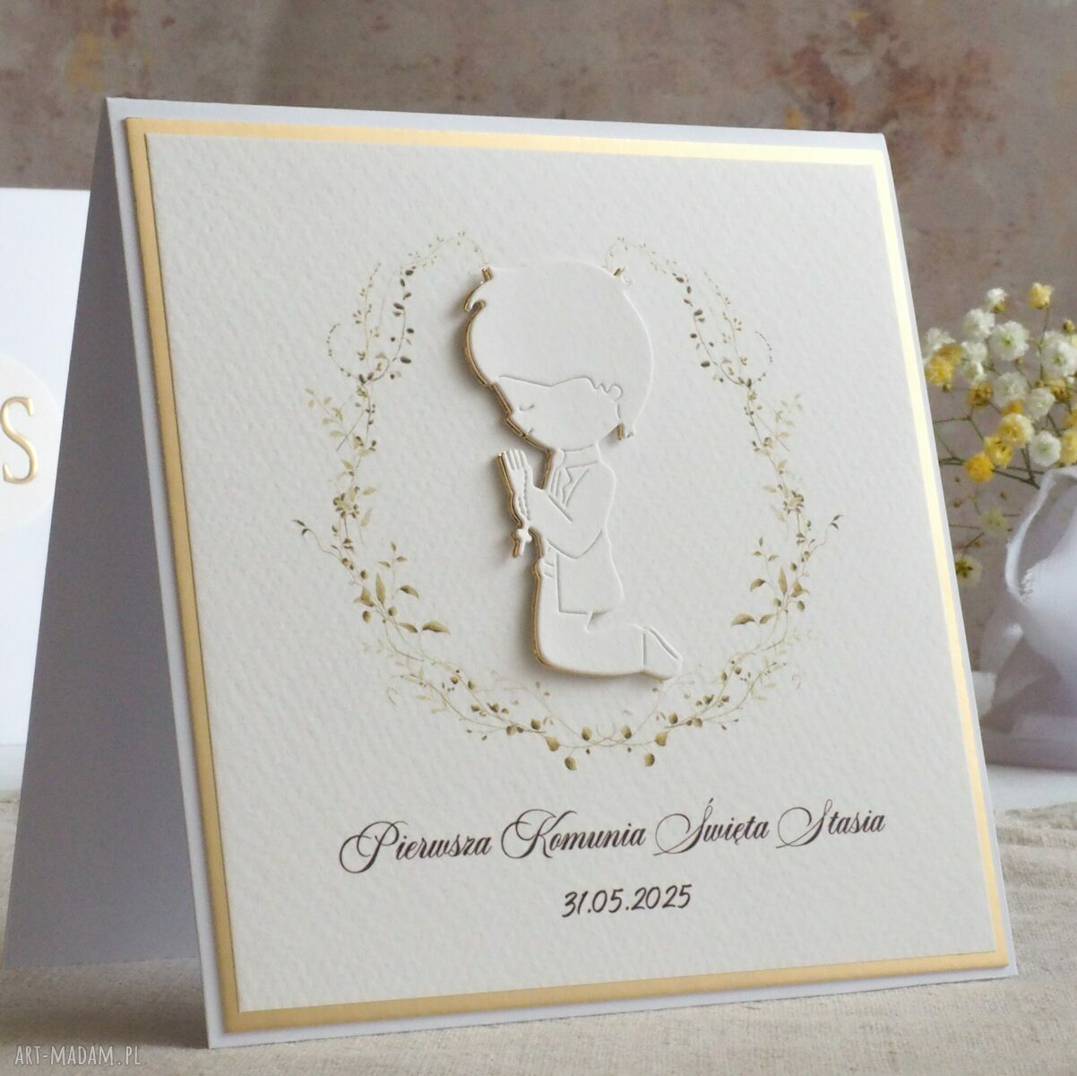 Kartka na komunię z ozdobną kopertą, wzór 96 - personalizowana