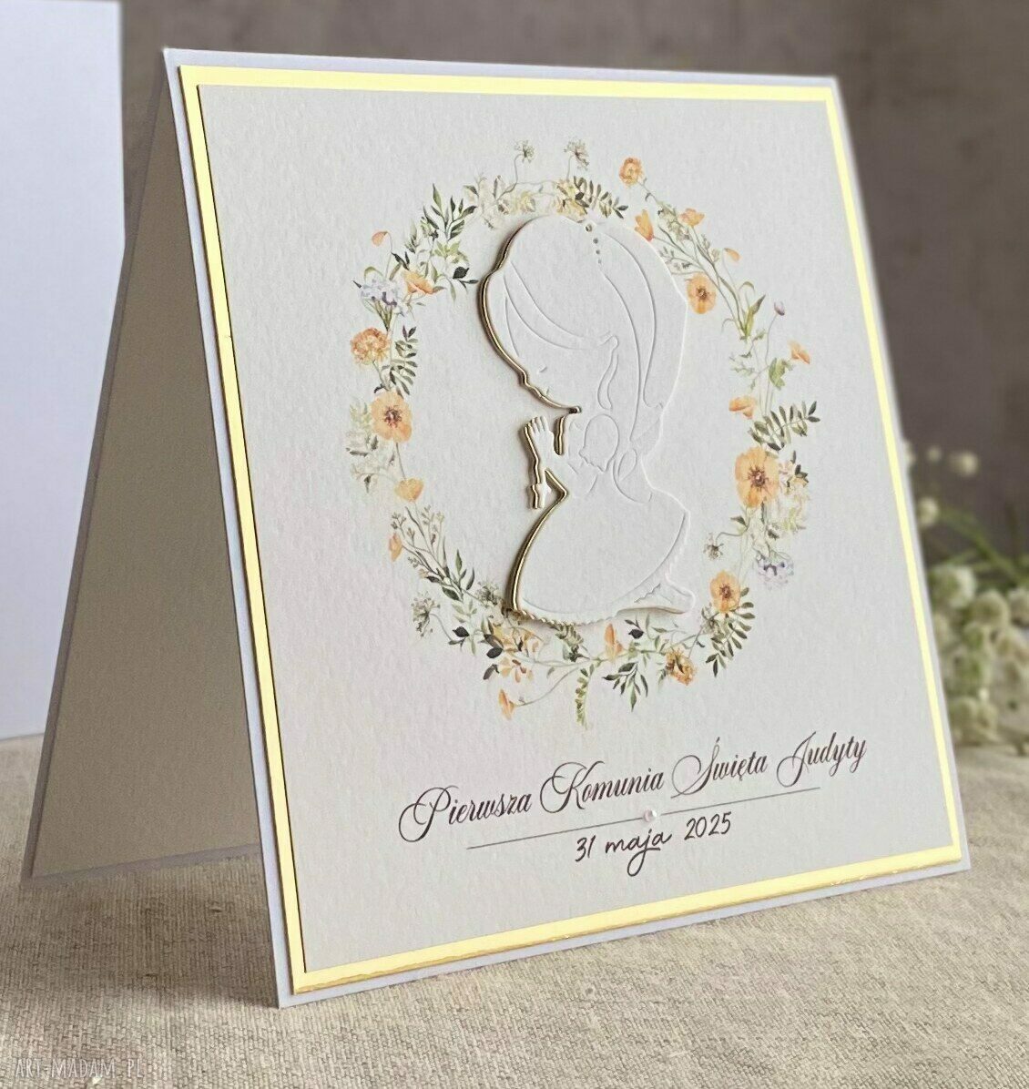 Personalizowana kartka na Pierwszą Komunię Świętą z ozdobną kopertą - Linia Gold, wzór 76d