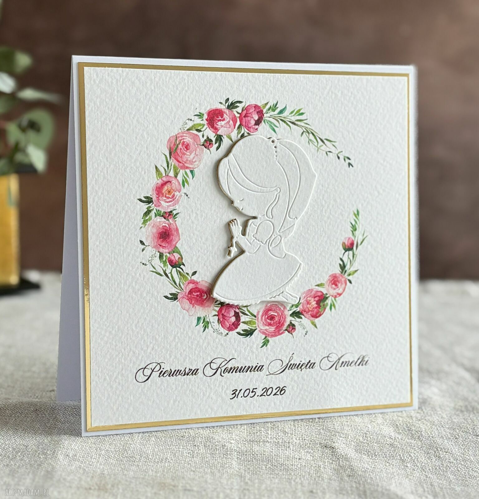 Personalizowana kartka na Pierwszą Komunię Świętą z ozdobną kopertą - Linia Gold (wzór 111a)