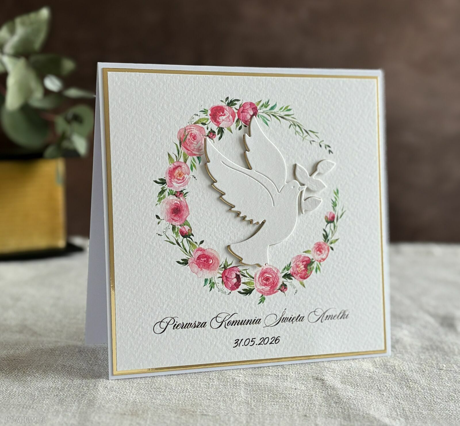 Personalizowana kartka na Pierwszą Komunię z ozdobną kopertą 111e