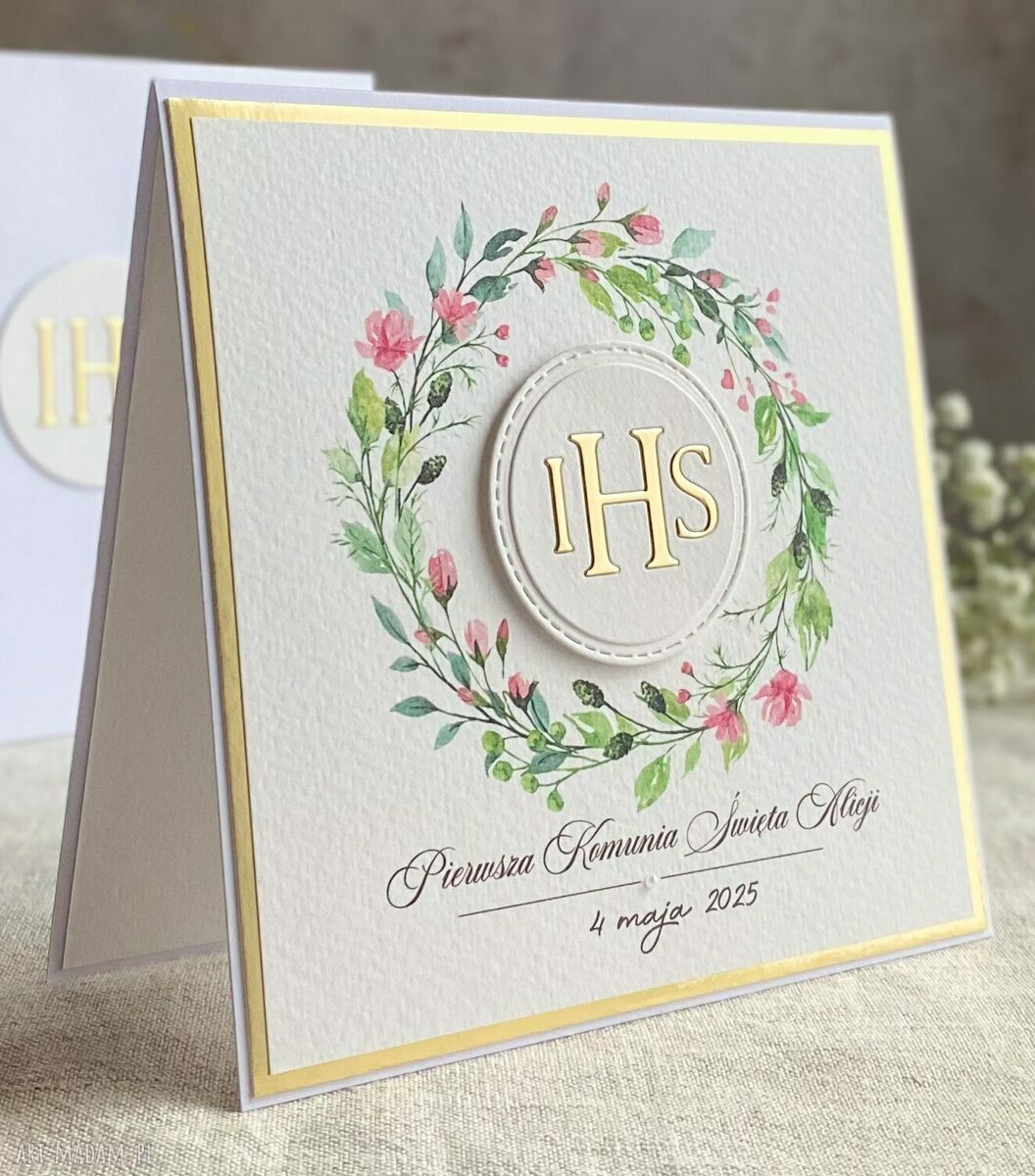 Kartka na Pierwszą Komunię - personalizowana biało-złota z ozdobną kopertą