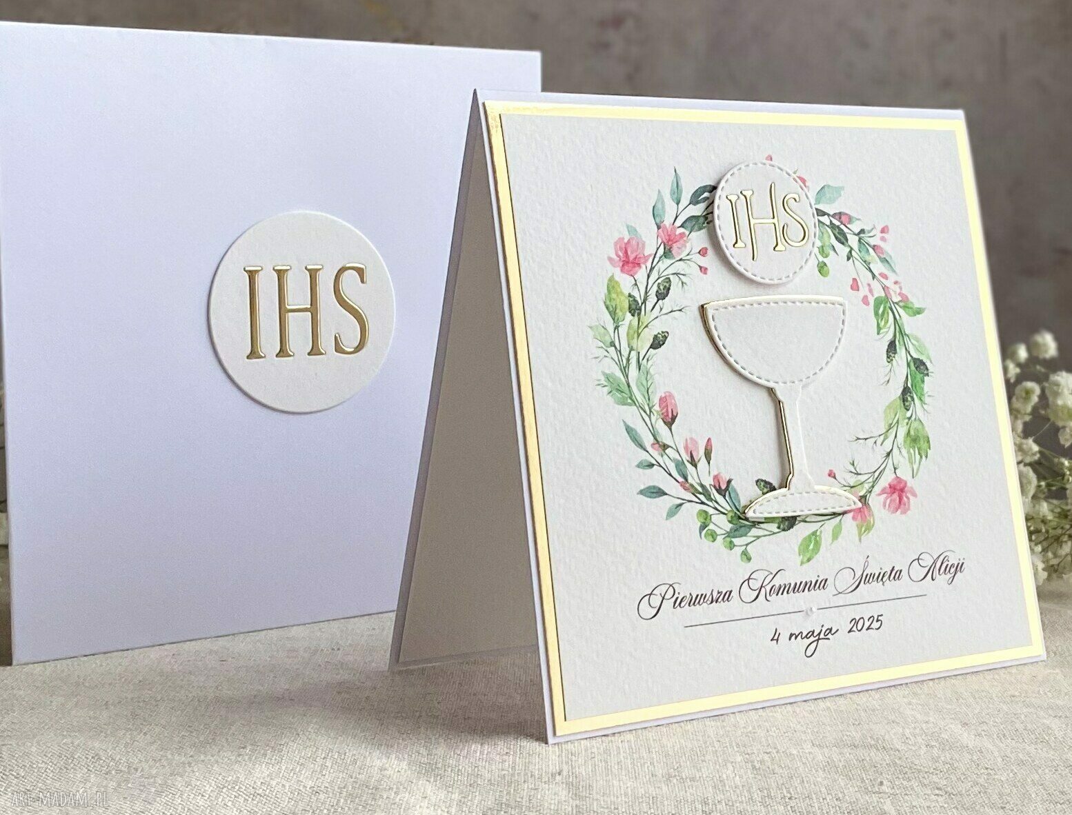 Kartka na komunię Linia Gold z ozdobną kopertą - personalizowana pamiątka