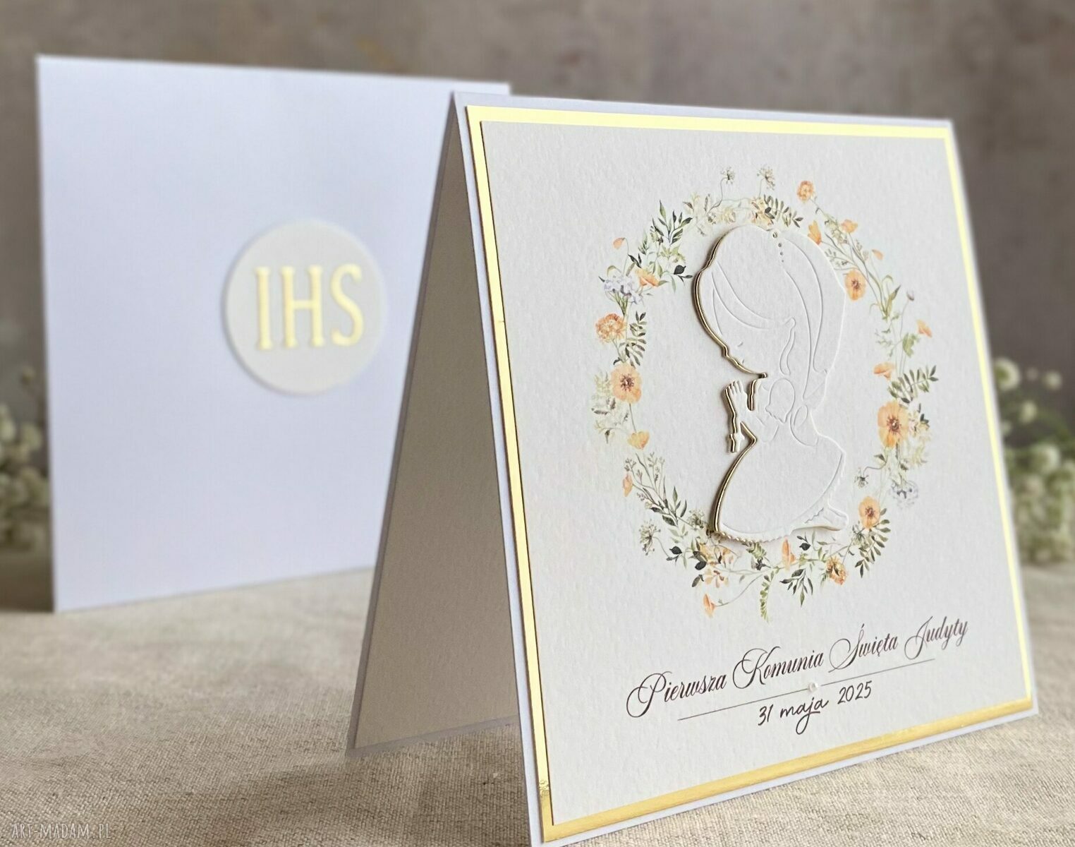 Personalizowana kartka na Pierwszą Komunię Świętą z ozdobną kopertą - Linia Gold, wzór 76d