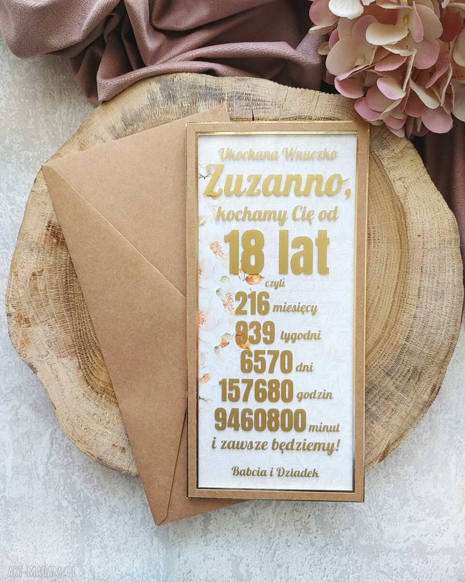 Kartka na osiemnastkę 18 z personalizowanym napisem w złotej folii