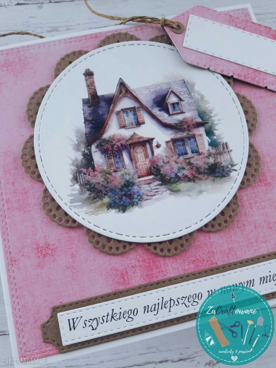 Kartka na parapetówkę z uroczym domkiem 3 - handmade scrapbooking w rustykalnym stylu