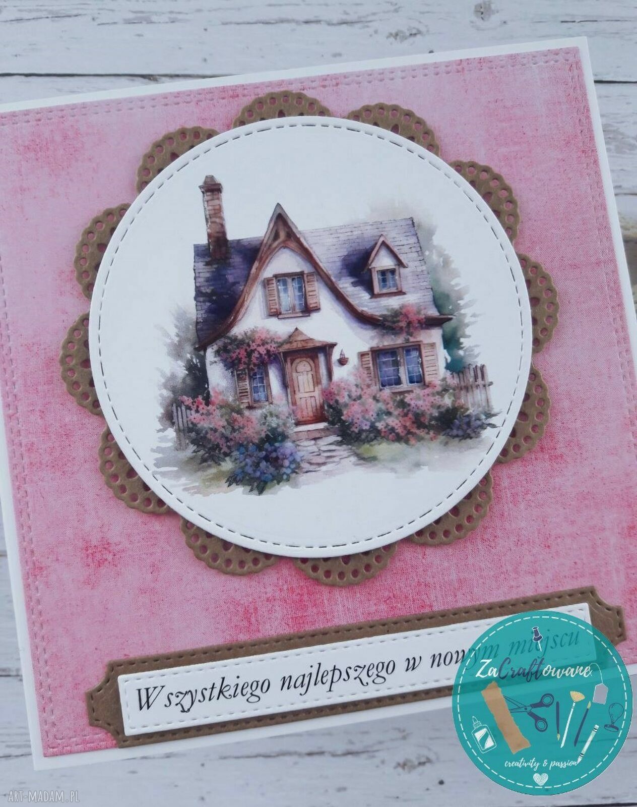 Kartka na parapetówkę z uroczym domkiem 3 - handmade scrapbooking w rustykalnym stylu