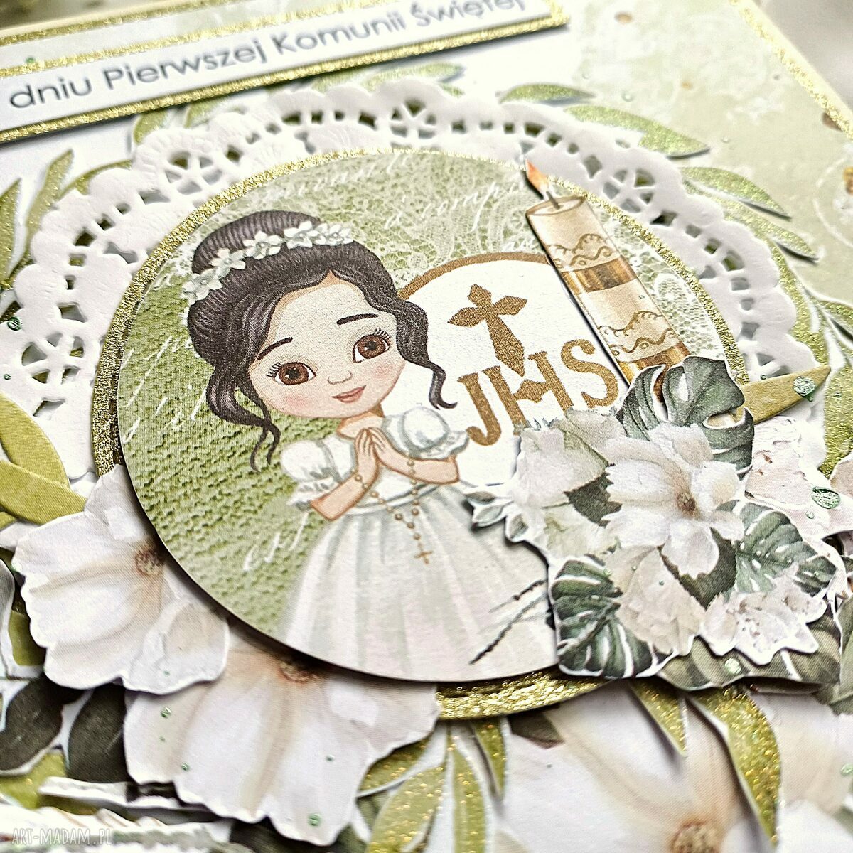 Ręcznie robiona kartka na Pierwszą Komunię Świętą dla dziewczynki 14x14 - scrapbooking w zielono-złotej kompozycji
