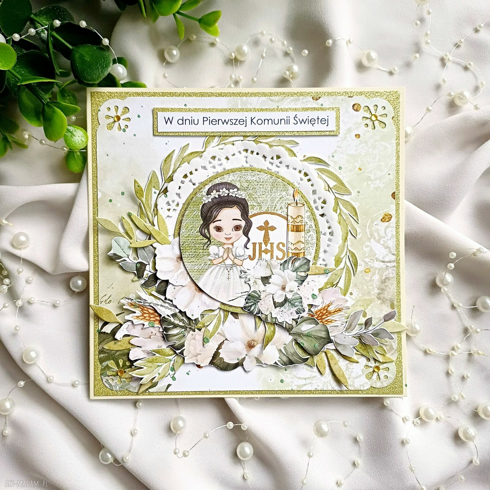 Ręcznie robiona kartka na Pierwszą Komunię Świętą dla dziewczynki 14x14 - scrapbooking w zielono-złotej kompozycji