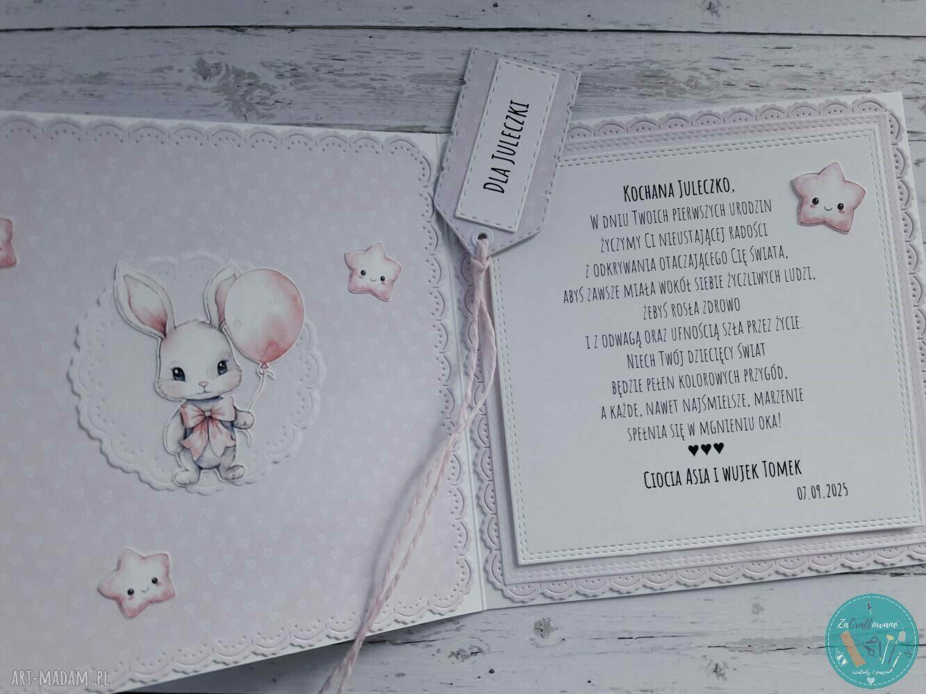 Kartka na roczek dla dziewczynki ze słonikiem - personalizacja