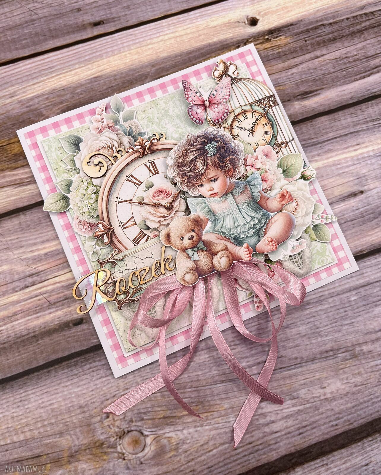 Kartka na roczek „Ja i mój mały świat” - shabby chic z koronką i wstążką