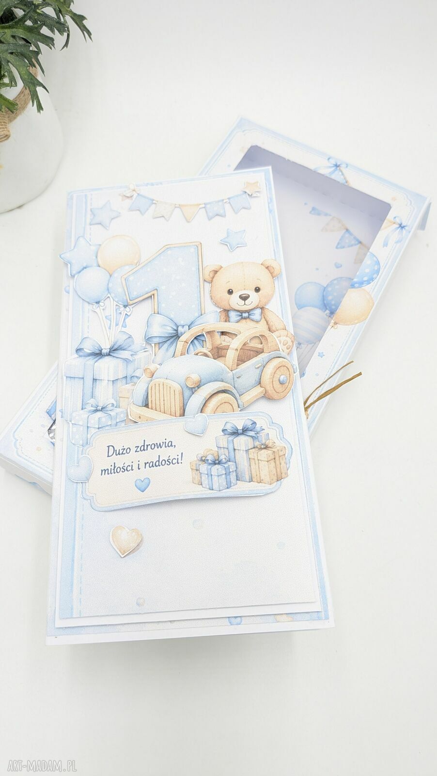 Kartka na Roczek dla chłopca z pudełkiem - DL handmade