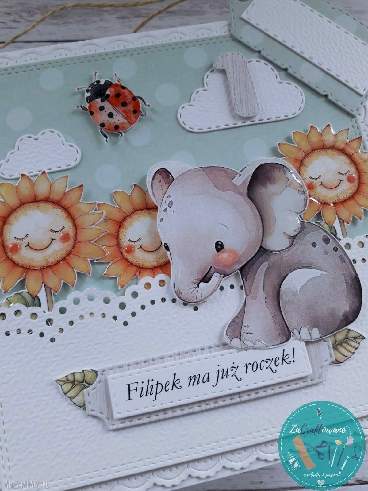 Kartka na roczek dla chłopczyka ze słonikiem - personalizowana, z efektem 3D