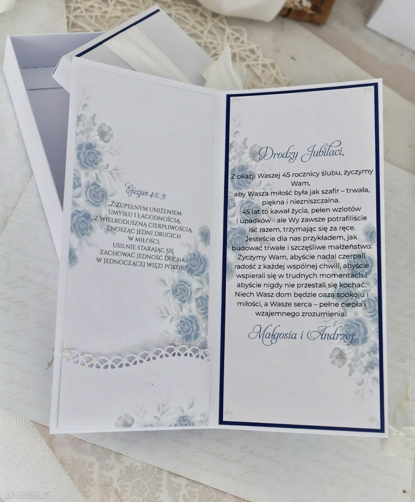 Kartka na 45 rocznicę ślubu - szafirowe gody z życzeniami i personalizacją