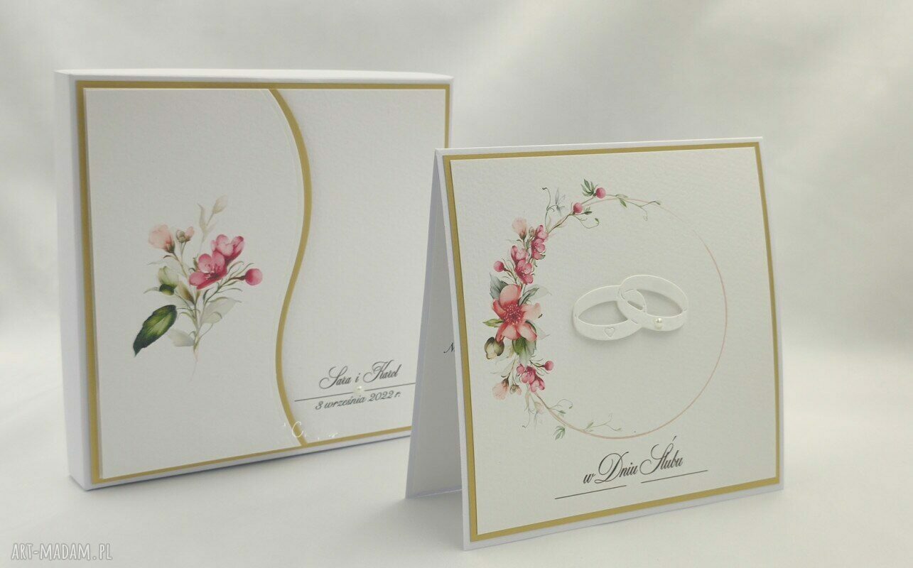 Elegancka kartka na ślub w pudełku z kopertą (14x14 cm) - personalizowana, biel i perłowe złoto