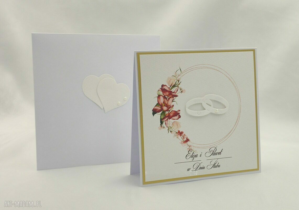 Elegancka kartka na ślub z ozdobną kopertą i perełkami - 14x14 cm