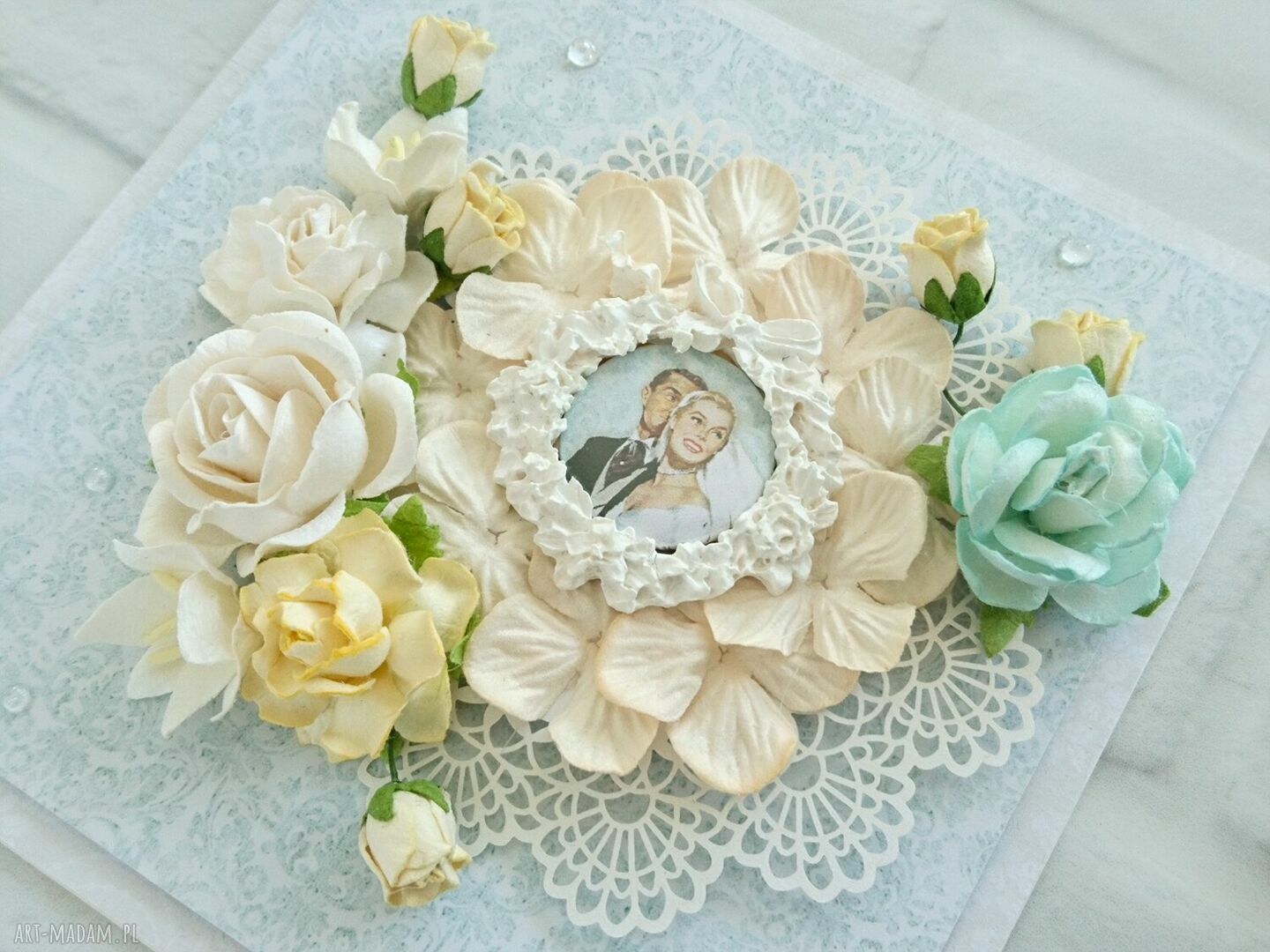 scrapbooking kartki: Kartka na ślub, miętowo brzoskwiniowa Ręcznie robione