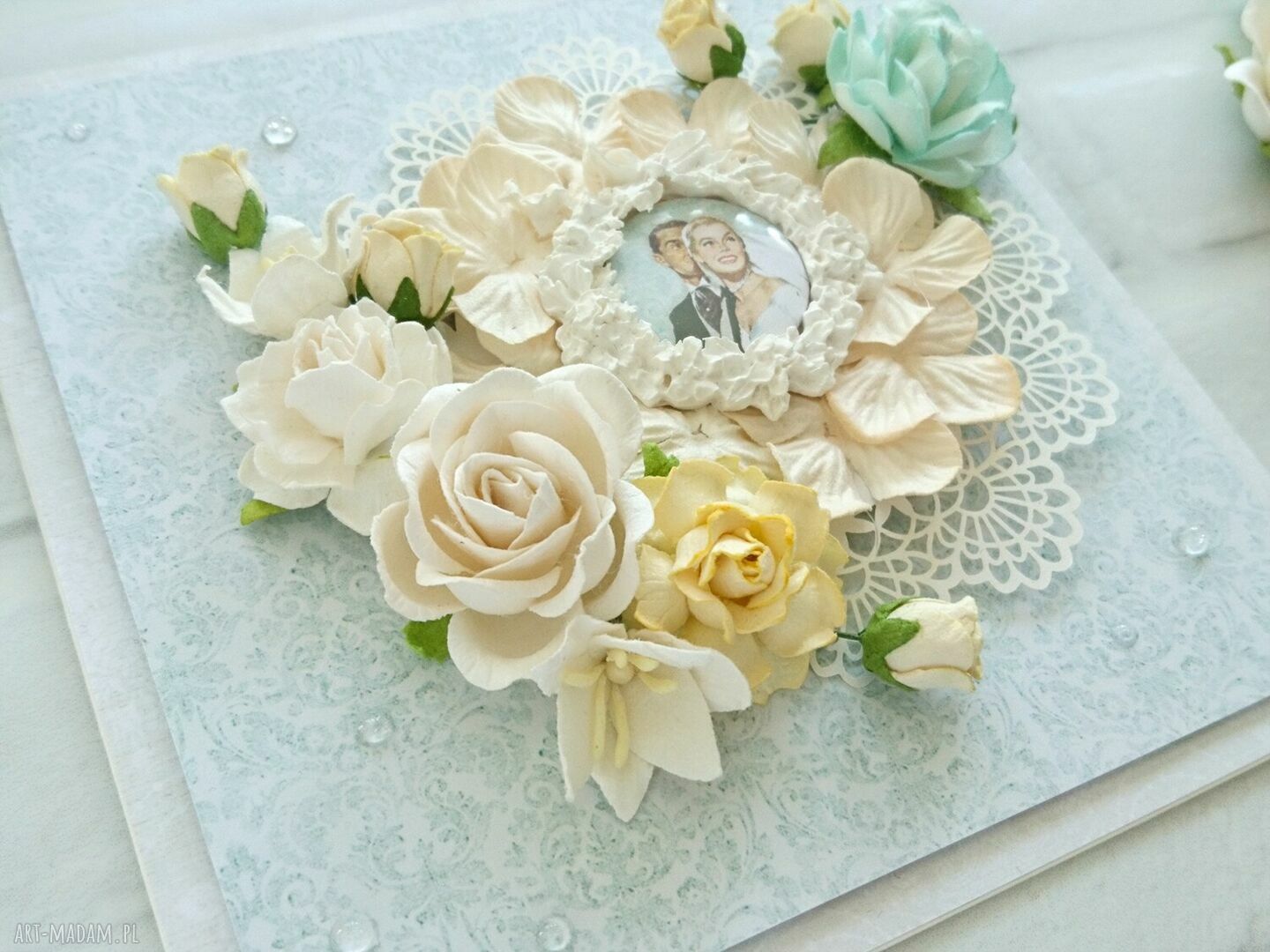 scrapbooking kartki: Kartka na ślub, miętowo brzoskwiniowa Ręcznie robione