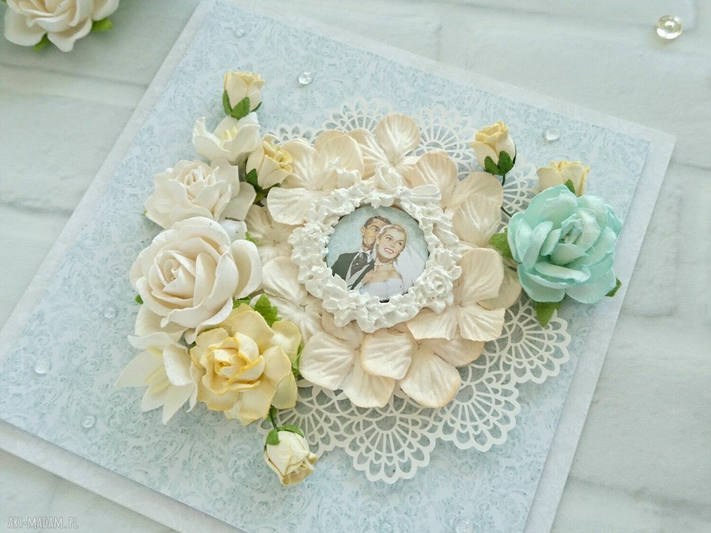 scrapbooking kartki: Kartka na ślub, miętowo brzoskwiniowa Ręcznie robione