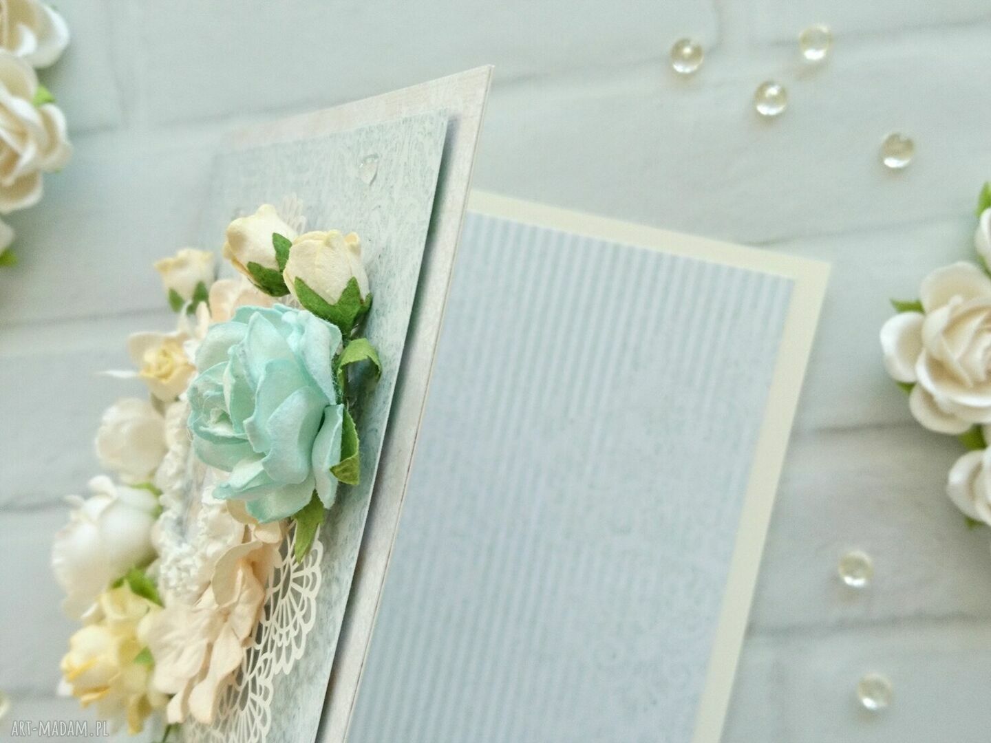 scrapbooking kartki: Kartka na ślub, miętowo brzoskwiniowa Ręcznie robione