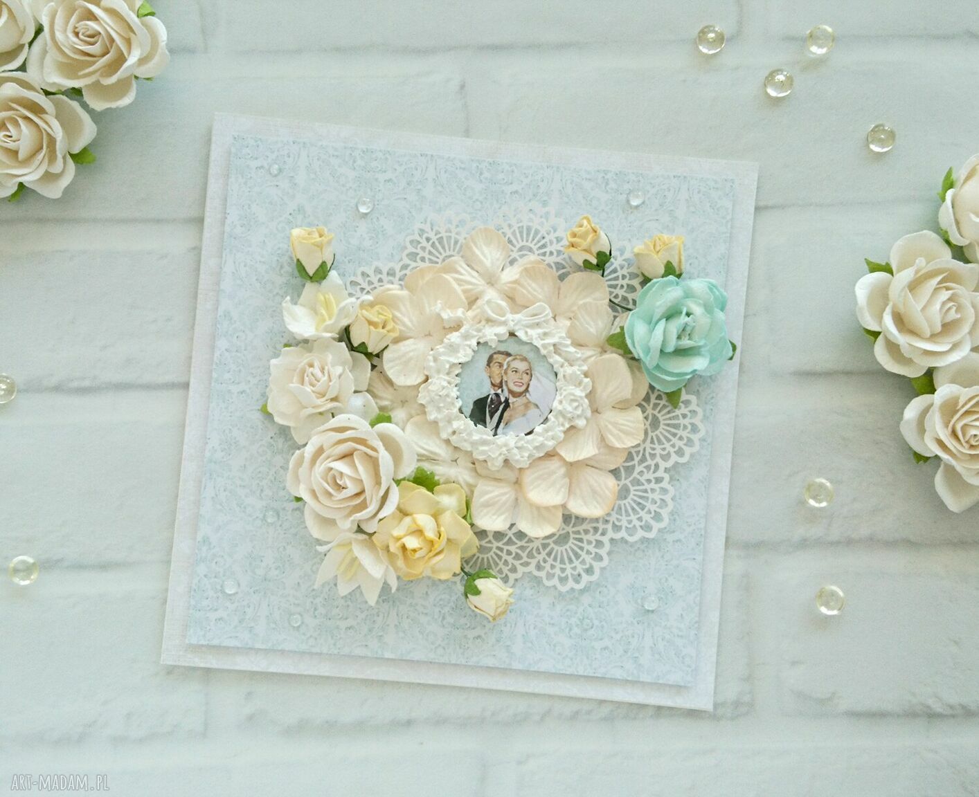 Kartka ślub miętowo brzoskwiniowa ślubna ręcznie wykonana