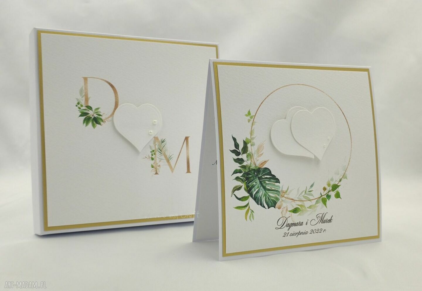 Kartka na ślub w pudełku z inicjałami młodej pary (14x14 cm) - elegancka