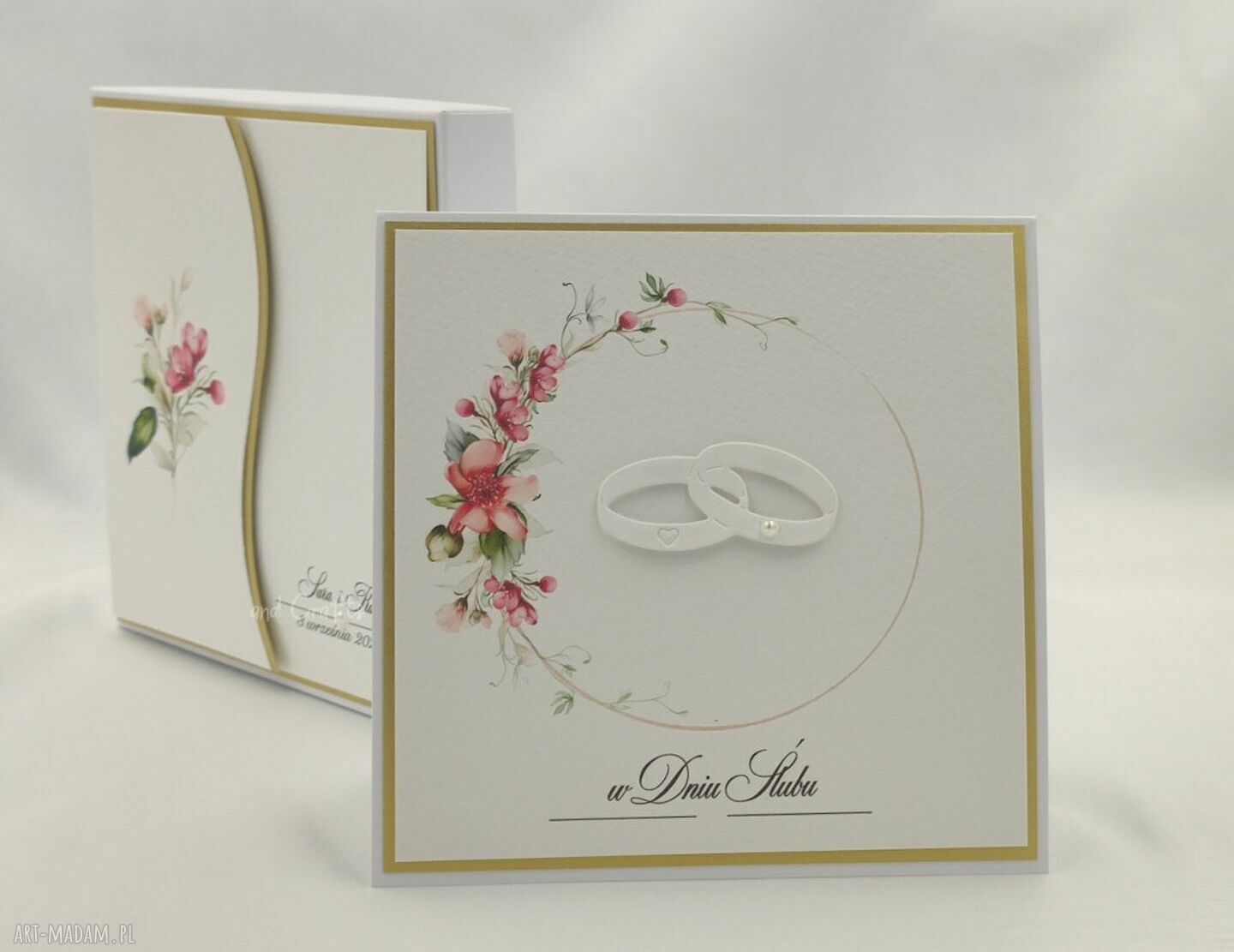 Elegancka kartka na ślub w pudełku z kopertą (14x14 cm) - personalizowana, biel i perłowe złoto