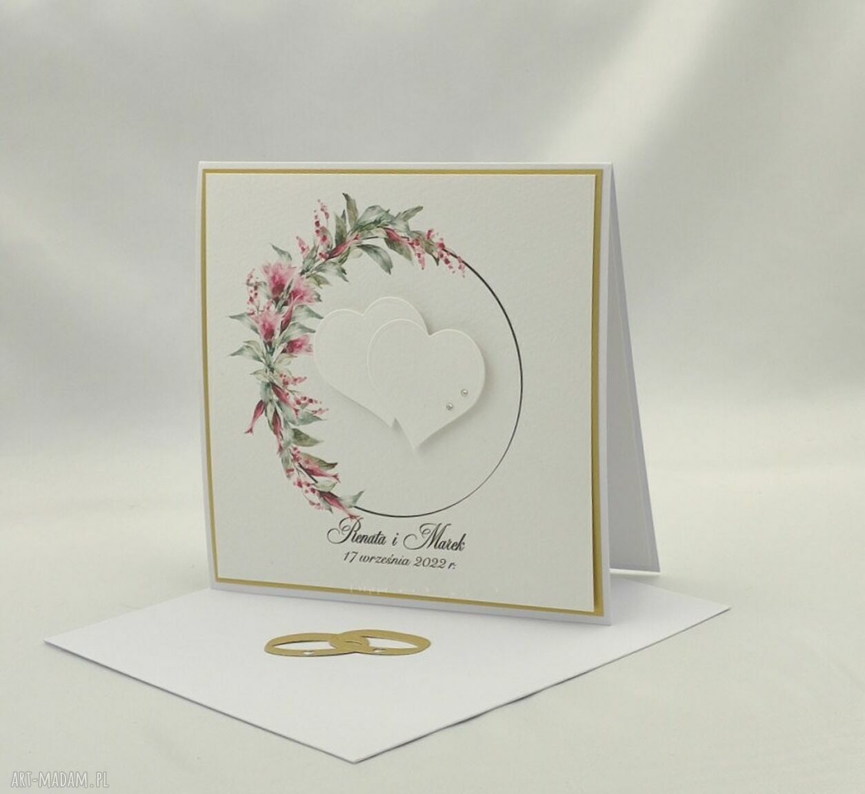 Personalizowana kartka na ślub w ozdobnej kopercie - 14x14 cm