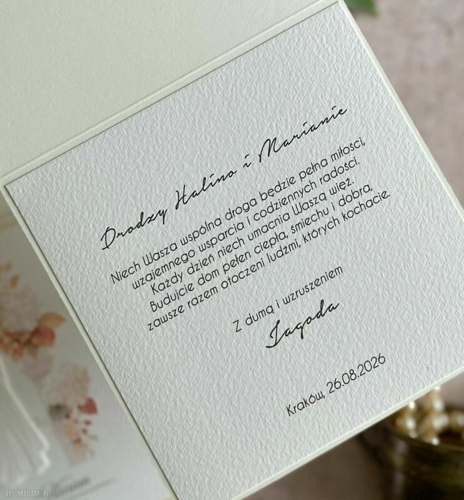 Kartka na ślub w ozdobnej kopercie Pastelle - biel i ecru, ręcznie robiona, personalizowana