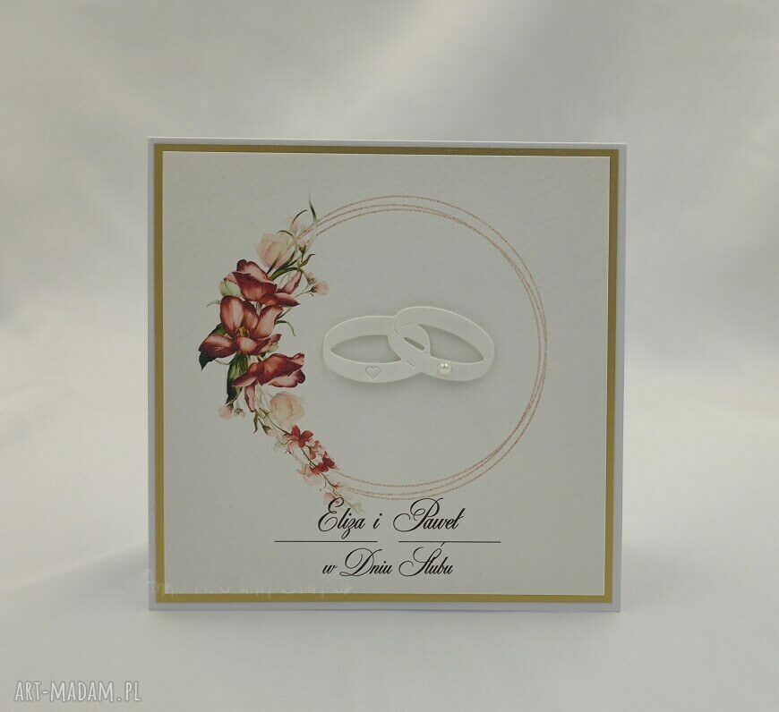 Elegancka kartka na ślub z ozdobną kopertą i perełkami - 14x14 cm