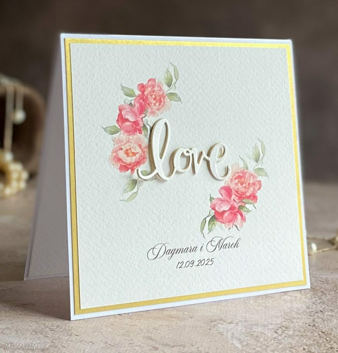 Kartka na ślub w ozdobnej kopercie WA 26a - personalizowana, ręcznie robiona 14x14 cm