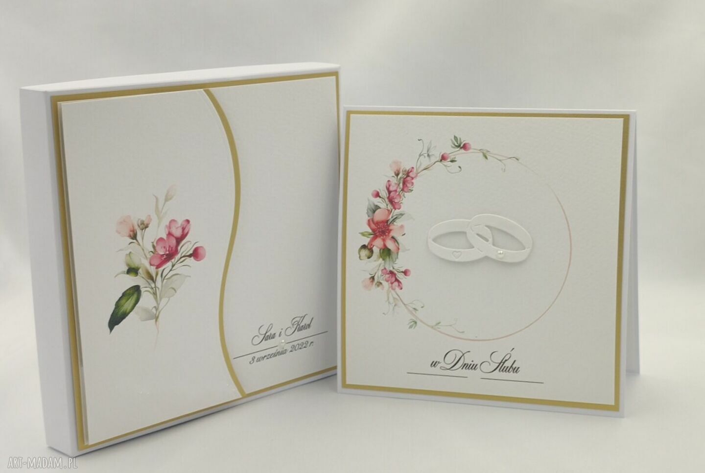 Elegancka kartka na ślub w pudełku z kopertą (14x14 cm) - personalizowana, biel i perłowe złoto