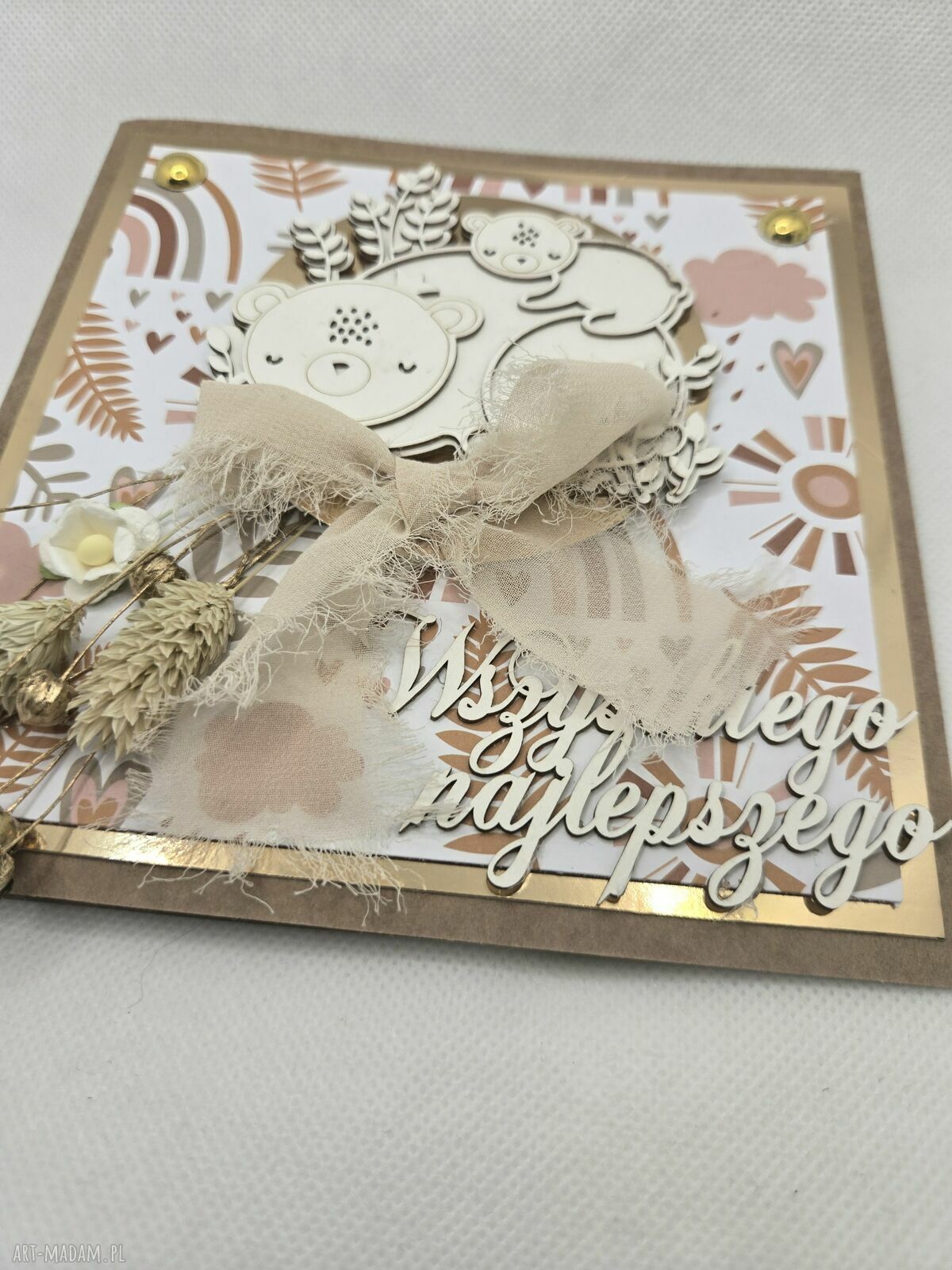 Kartka na roczek dziecka z suszonymi kwiatami 15x15 cm
