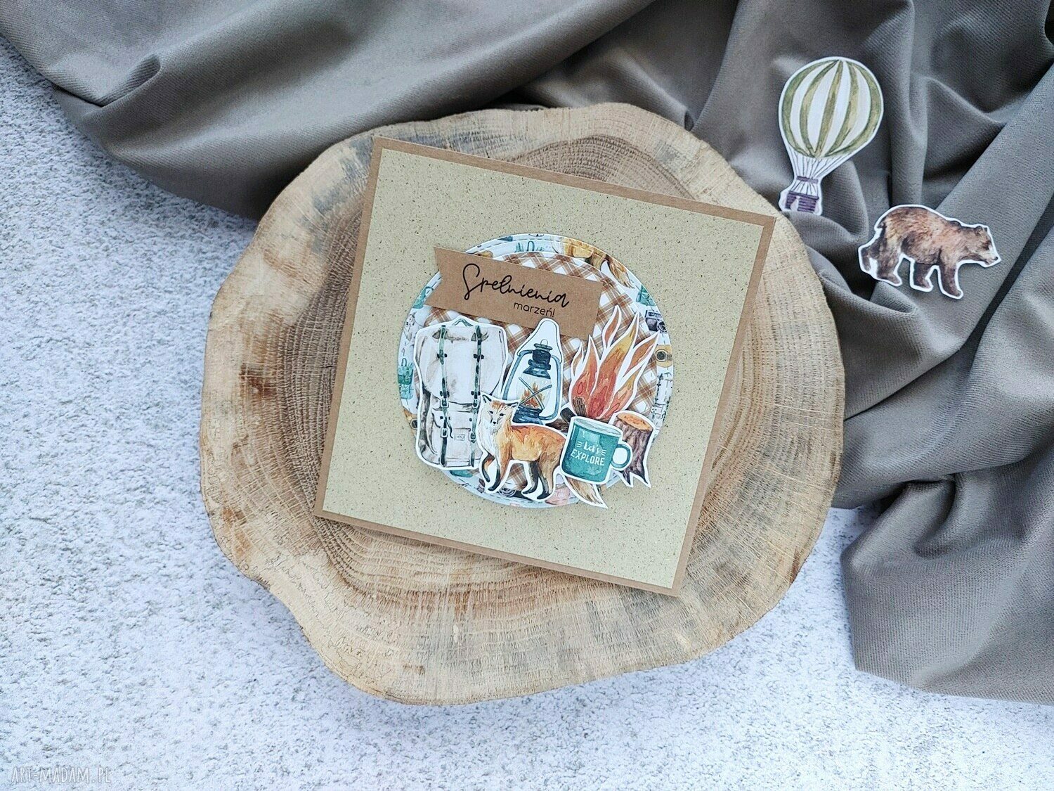 Kartka okolicznościowa z motywem lasu i podróży - handmade 3D na bazie kraft 15x15