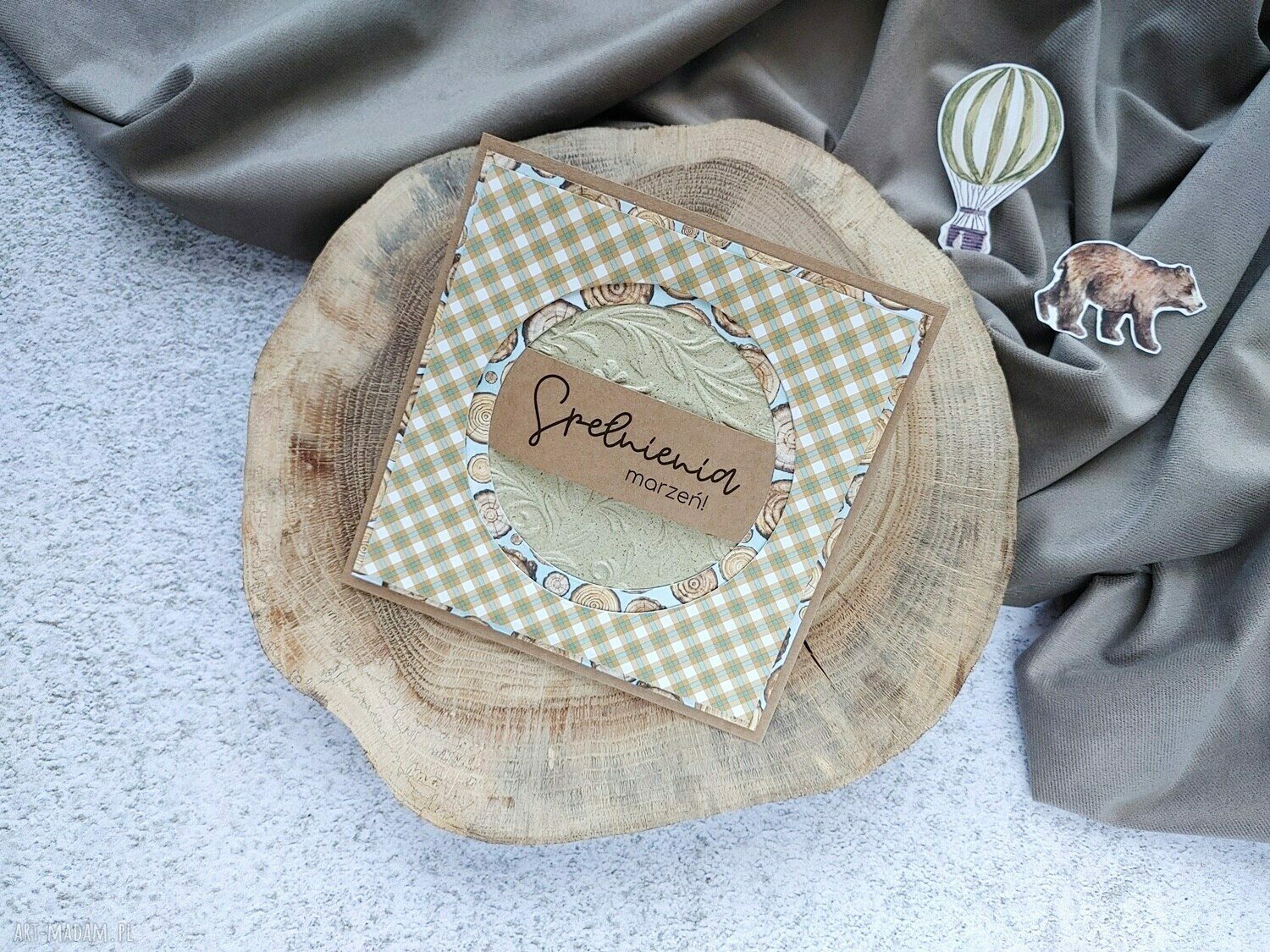 Kartka okolicznościowa z motywem lasu i podróży 15x15 cm