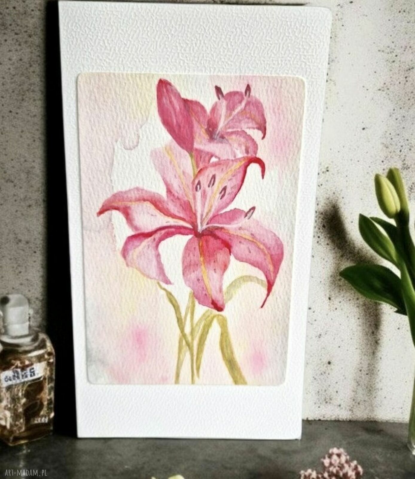 Kartka ślubna i okolicznościowa z różowymi liliami - ręcznie malowana akwarelami