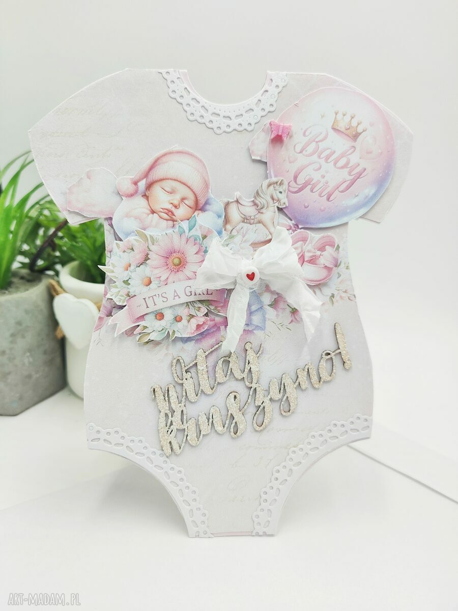 Kartka okolicznościowa „Witaj Kruszyno!” w kształcie body dla dziewczynki (scrapbooking)