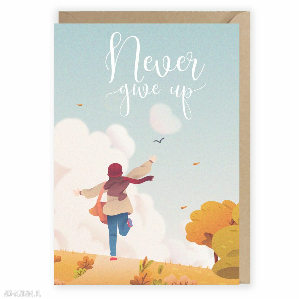 Kartka okolicznościowa Never Give Up Cardie - A6, satynowy papier 300g i miejsce na życzenia