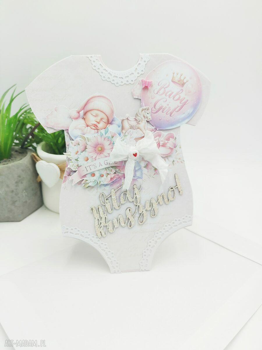 Kartka okolicznościowa „Witaj Kruszyno!” w kształcie body dla dziewczynki scrapbooking