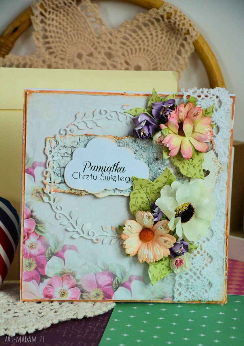 Kartka pamiątka Chrztu Świętego - bogato zdobiona w stylu scrapbookingu