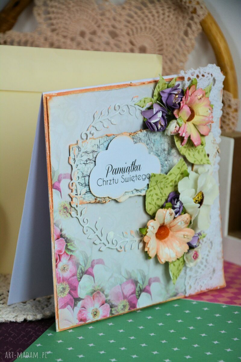 Kartka pamiątka Chrztu Świętego - bogato zdobiona w stylu scrapbookingu