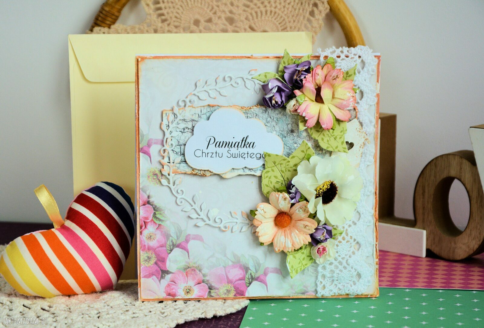 Kartka pamiątka Chrztu Świętego - bogato zdobiona w stylu scrapbookingu