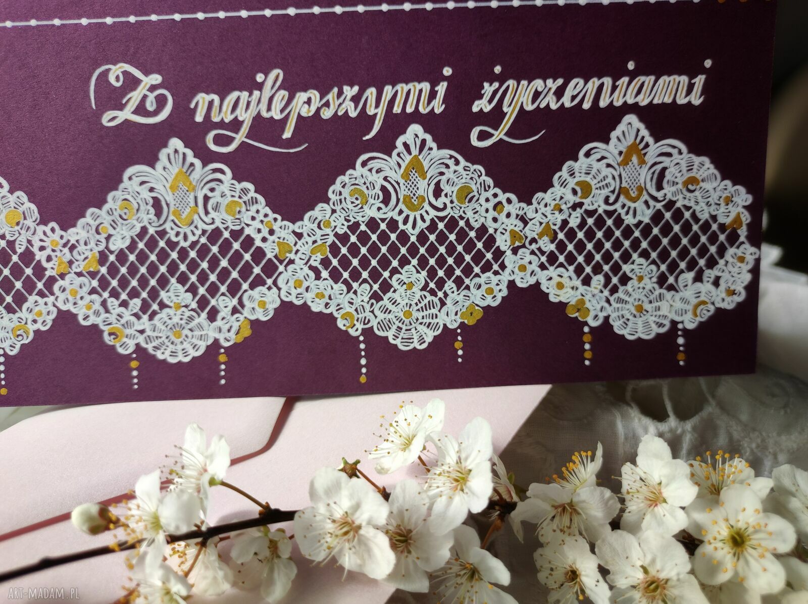 Ręcznie malowana kartka pamiątka na Chrzest i Komunię - perłoworóżowa koperta