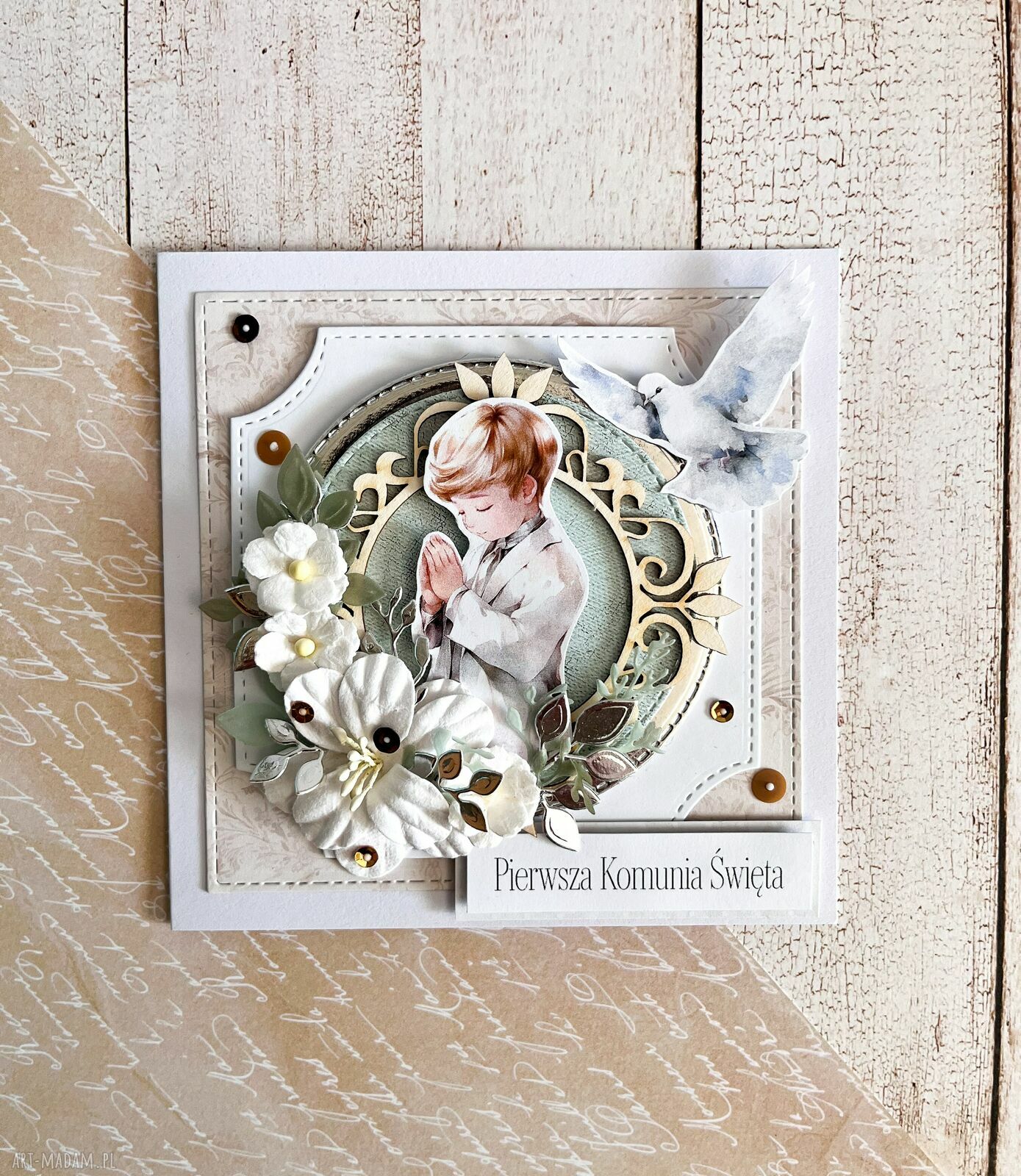 Kartka komunijna na Pierwszą Komunię Świętą dla chłopca w stylu scrapbooking