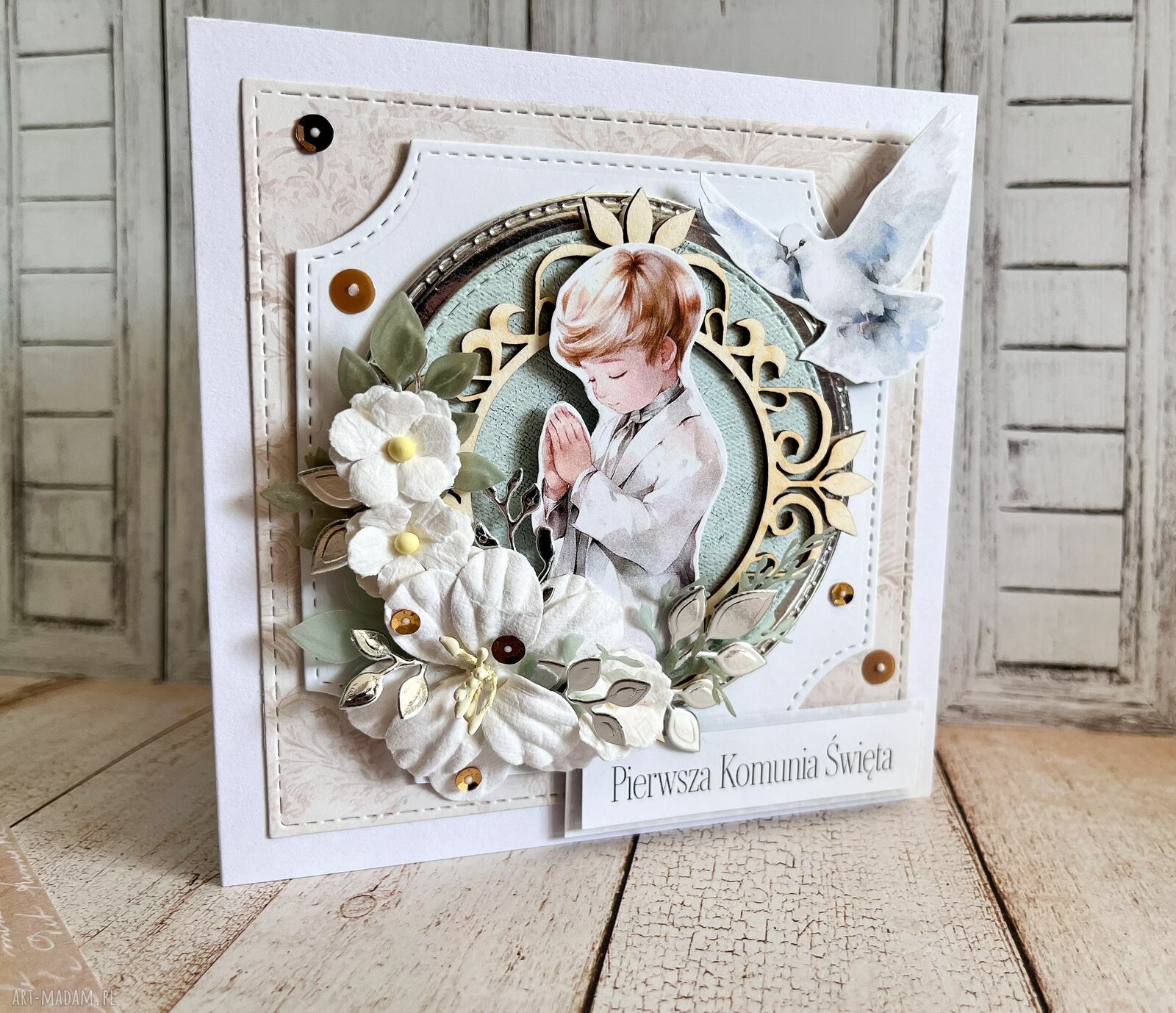 Kartka komunijna na Pierwszą Komunię Świętą dla chłopca w stylu scrapbooking